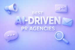 Pastel 3D tech cover with large “Best AI-Driven PR Agencies” title, soft gradient background and floating PR icons like megaphone, chart, envelope, and chat bubble