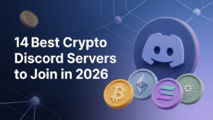 Discord logo surrounded by Bitcoin, Ethereum, Solana and Cardano coins — best crypto Discord servers to join in 2026.