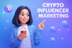 Crypto influencer marketing in 2026 — 3D illustration of a marketer holding a smartphone and pointing to the text 