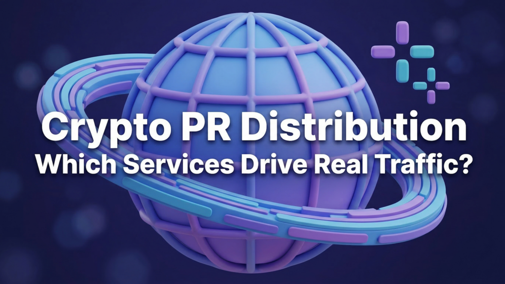 Distribuzione delle Crypto PR nel 2026: globo 3D con anelli orbitali che rappresentano la portata globale dei media e i canali di visibilità della ricerca AI.