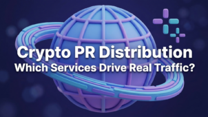 Crypto PR distribution in 2026: 3D globe with orbital rings representing global media reach and AI search visibility channels.