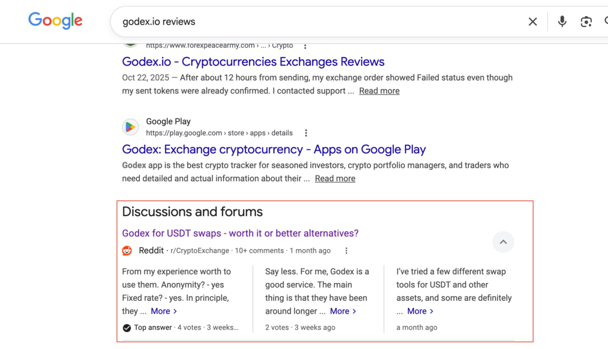 Google search results for godex.io reviews showing Reddit discussion threads in the Discussions and Forums section with user recommendations.