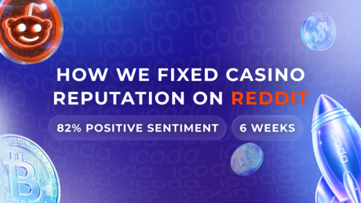 Case study cover for iGaming Reddit reputation management showing how positive sentiment reached 82 percent in 6 weeks with Reddit logo and crypto visual elements.