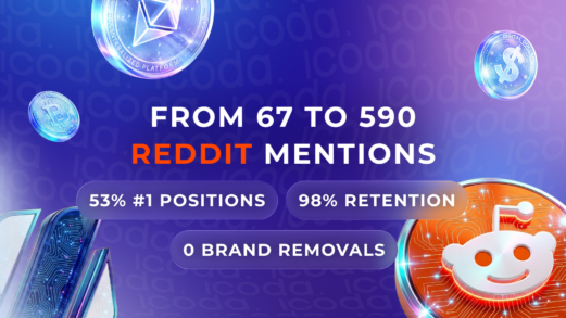 ICODA case study cover for Godex Reddit ORM campaign showing key results: from 67 to 590 mentions, 53% #1 positions, 98% retention, and zero brand removals