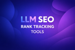 Minimal abstract tech cover with bold centered text “LLM SEO RANK TRACKING TOOLS” in a geometric sans-serif font, featuring a blue-to-violet gradient on “LLM,” set against a smooth diagonal gradient background in midnight blue, indigo, and violet with soft blurred organic 3D shapes in the background.