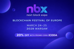 Next Block Expo banner with rounded abstract shapes promoting Blockchain Festival of Europe, March 24–25 2026 in Warsaw with 20% off code ICODA.