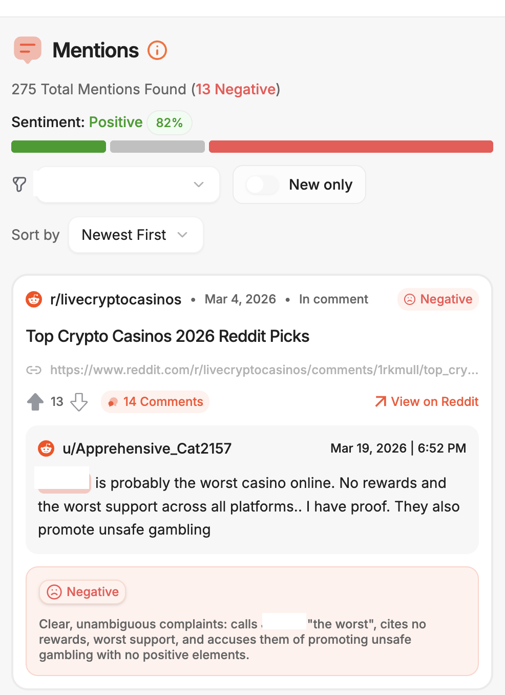 Negative Reddit comment in r/livecryptocasinos crypto casino comparison thread calling the brand the worst casino online with zero rewards and poor support.
