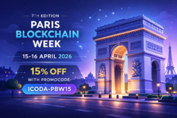 3D banner for Paris Blockchain Week 2026 with Arc de Triomphe and 15% discount code ICODA-PBW15 (15–16 April)