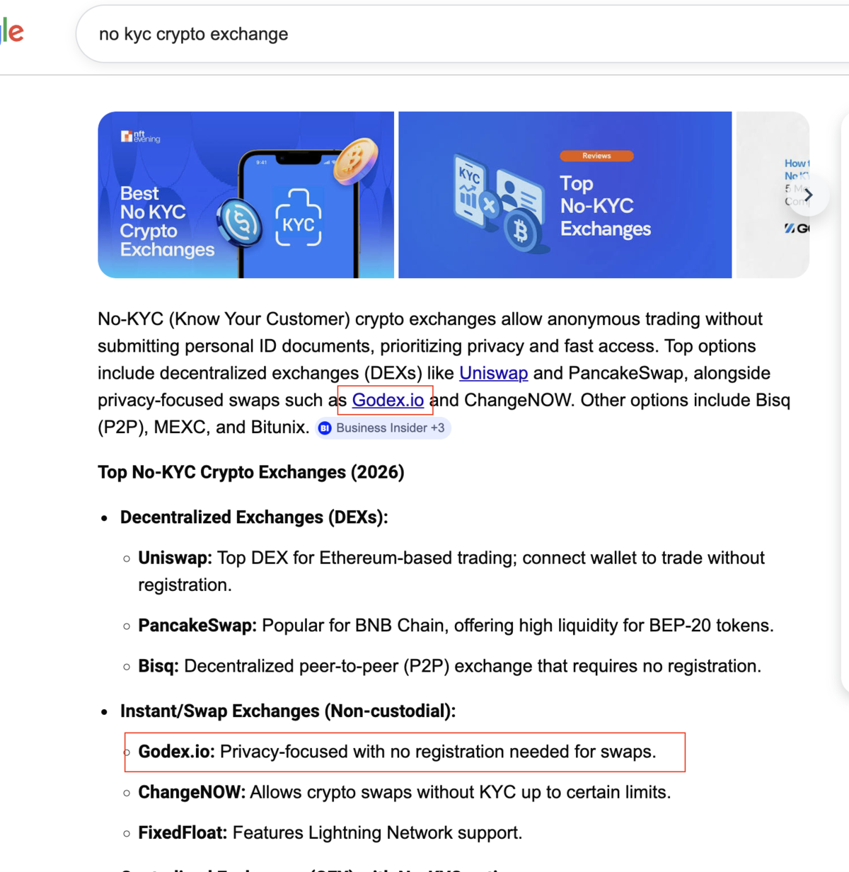 Perplexity AI search results for no KYC crypto exchange listing Godex.io among top instant swap exchanges alongside ChangeNOW and FixedFloat.