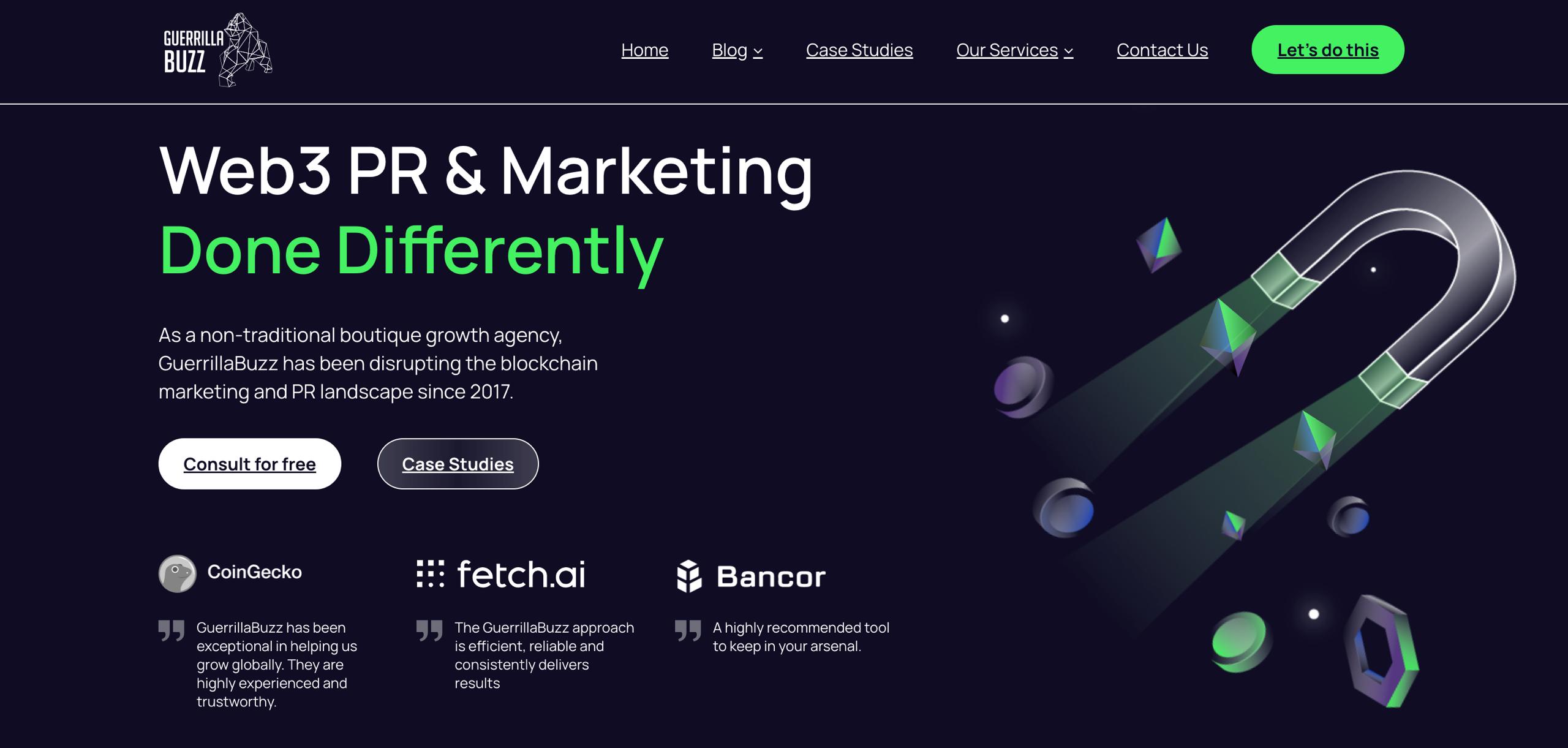 GuerrillaBuzz-Homepage mit Guerrilla-Blockchain-PR-Services auf Reddit, Quora und Telegram für organisches Community-Wachstum