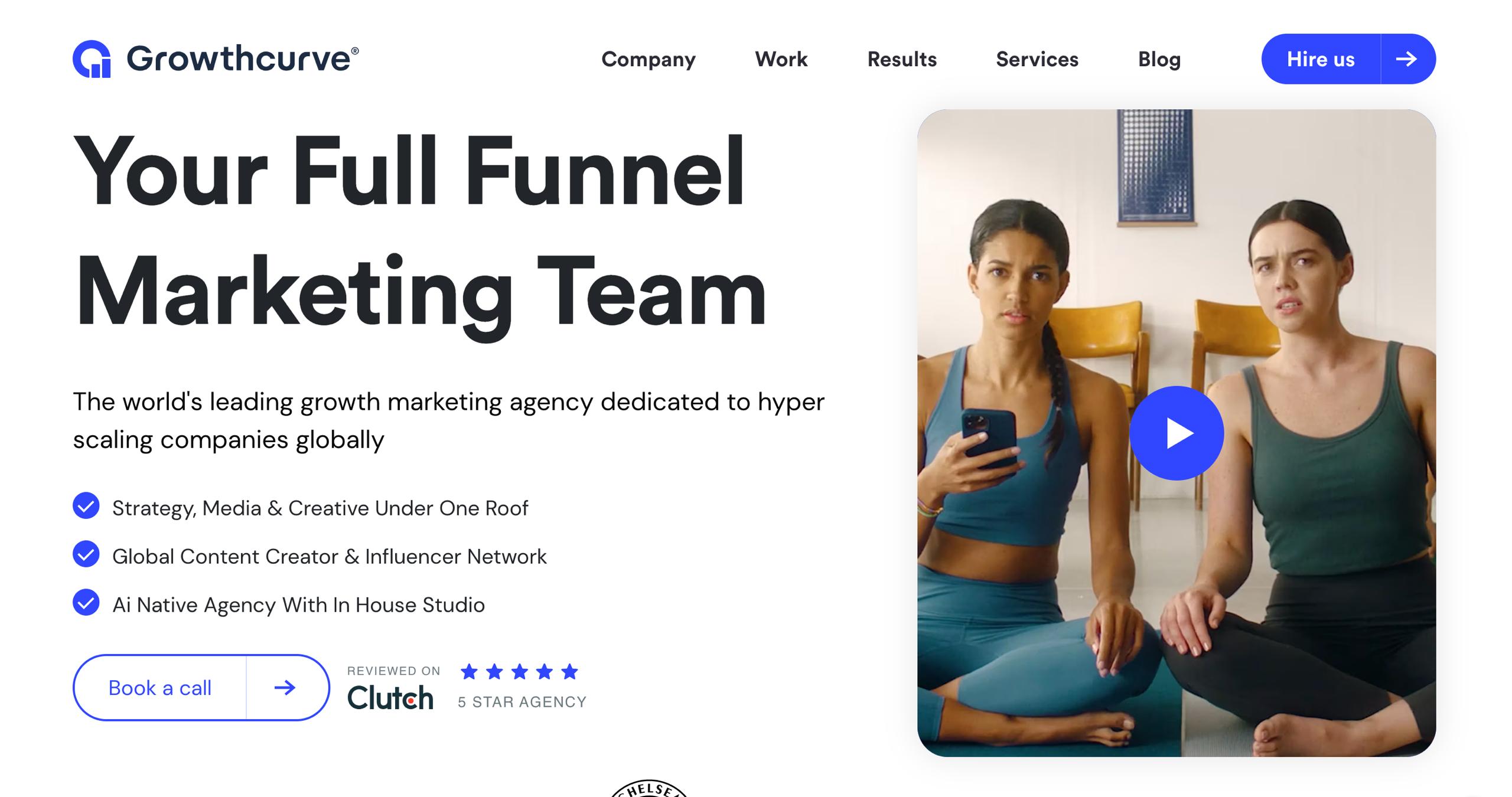 Growthcurve agency homepage featuring AI-driven ad creative testing, paid media optimization, and sprint-based campaign workflows for startups