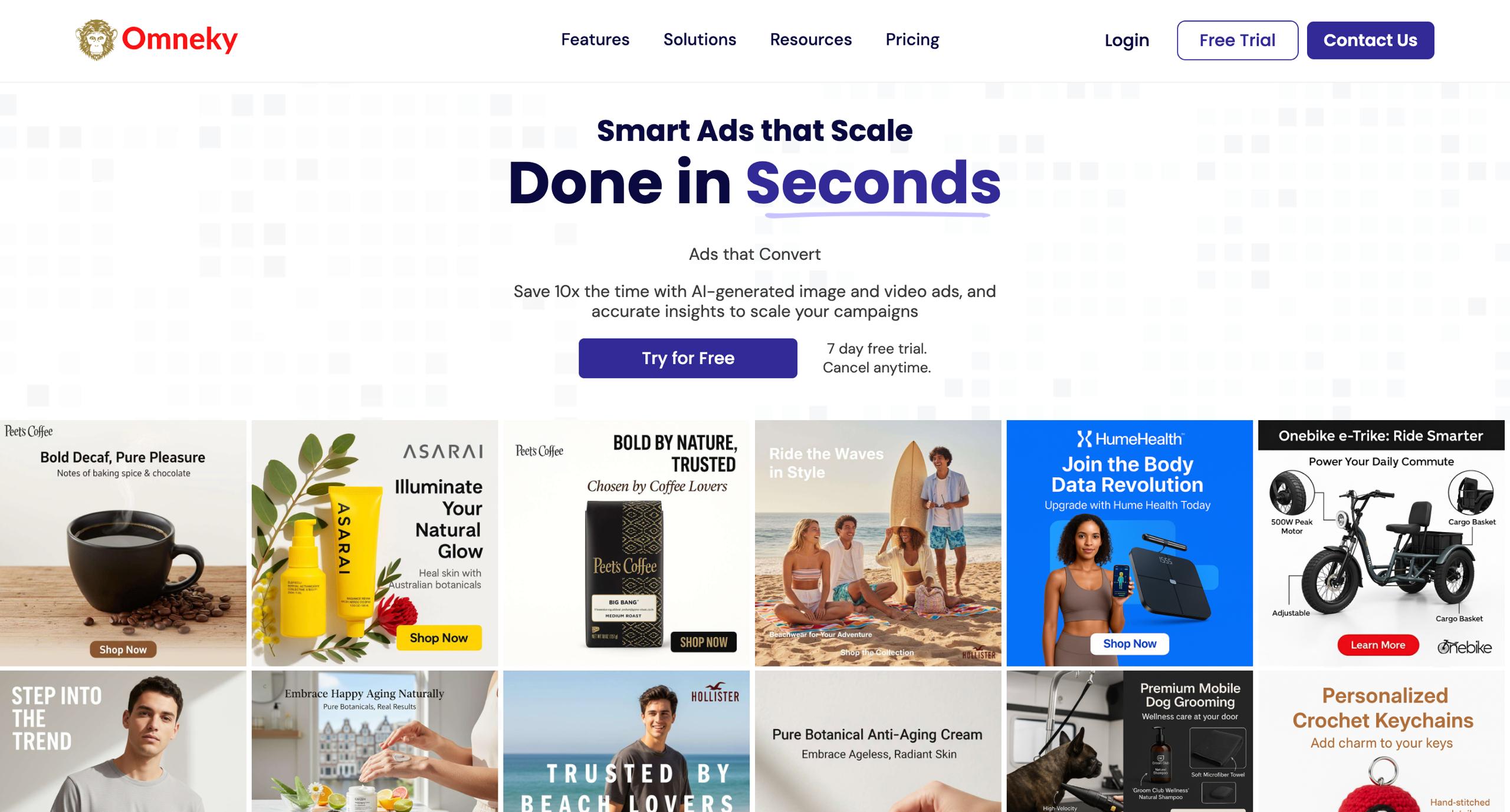 Omneky homepage displaying machine learning ad generation tools, dynamic creative optimization, and multi-platform campaign management for eCommerce brands