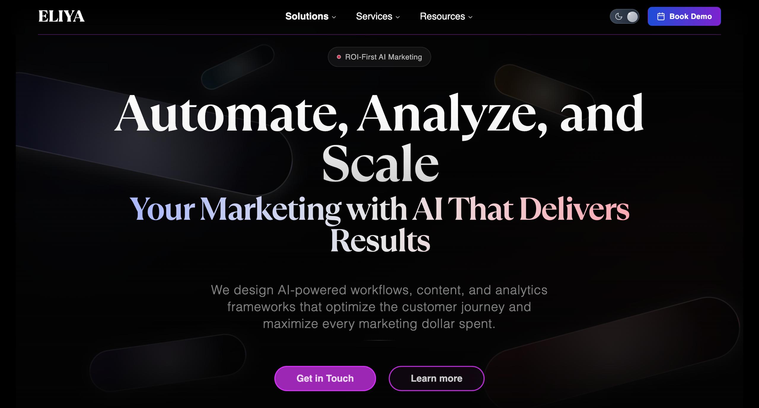 ELIYA homepage highlighting GPT-driven campaign automation pipelines, AI-powered content systems, and data science marketing for SaaS startups