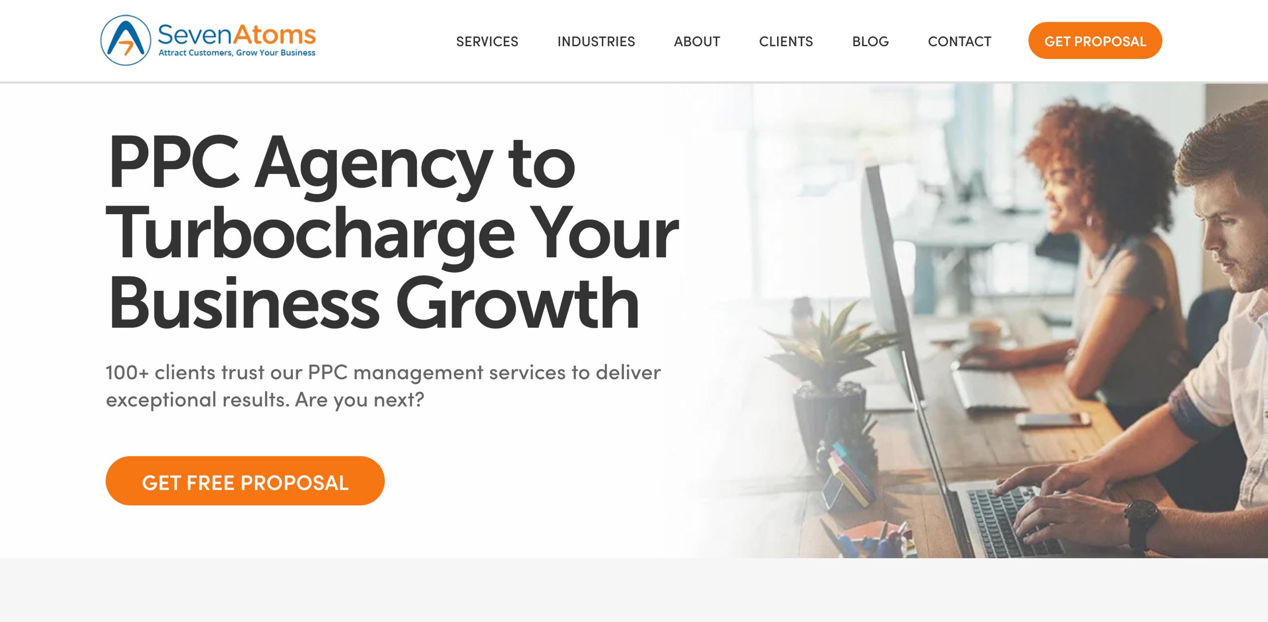 SevenAtoms homepage presenting human-AI hybrid approach to paid search, SEO strategy, and conversion optimization for B2B and SaaS companies