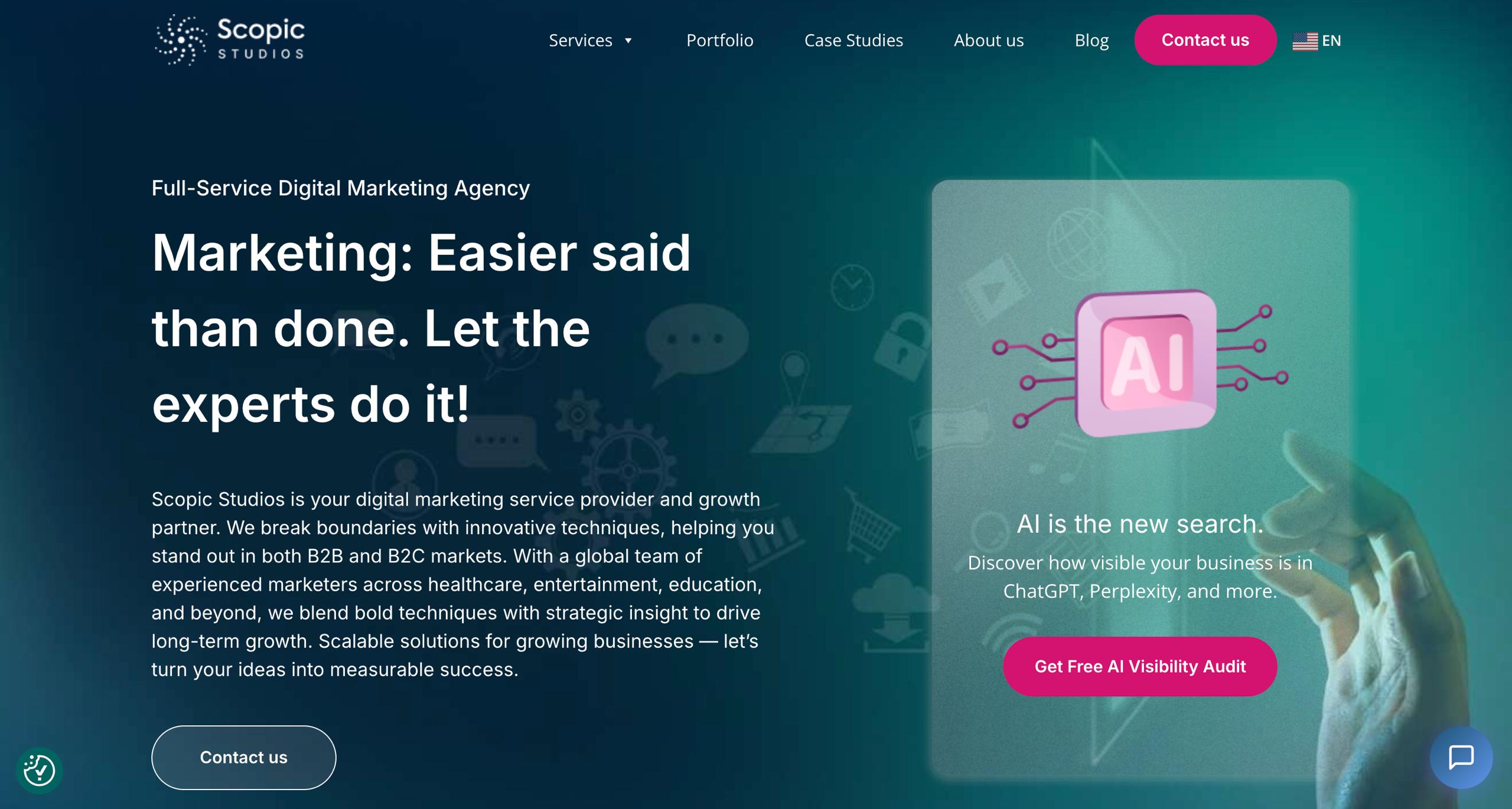 Scopic Studios homepage featuring AI-driven SEO, analytics automation, and full-service digital marketing for healthcare and technology brands