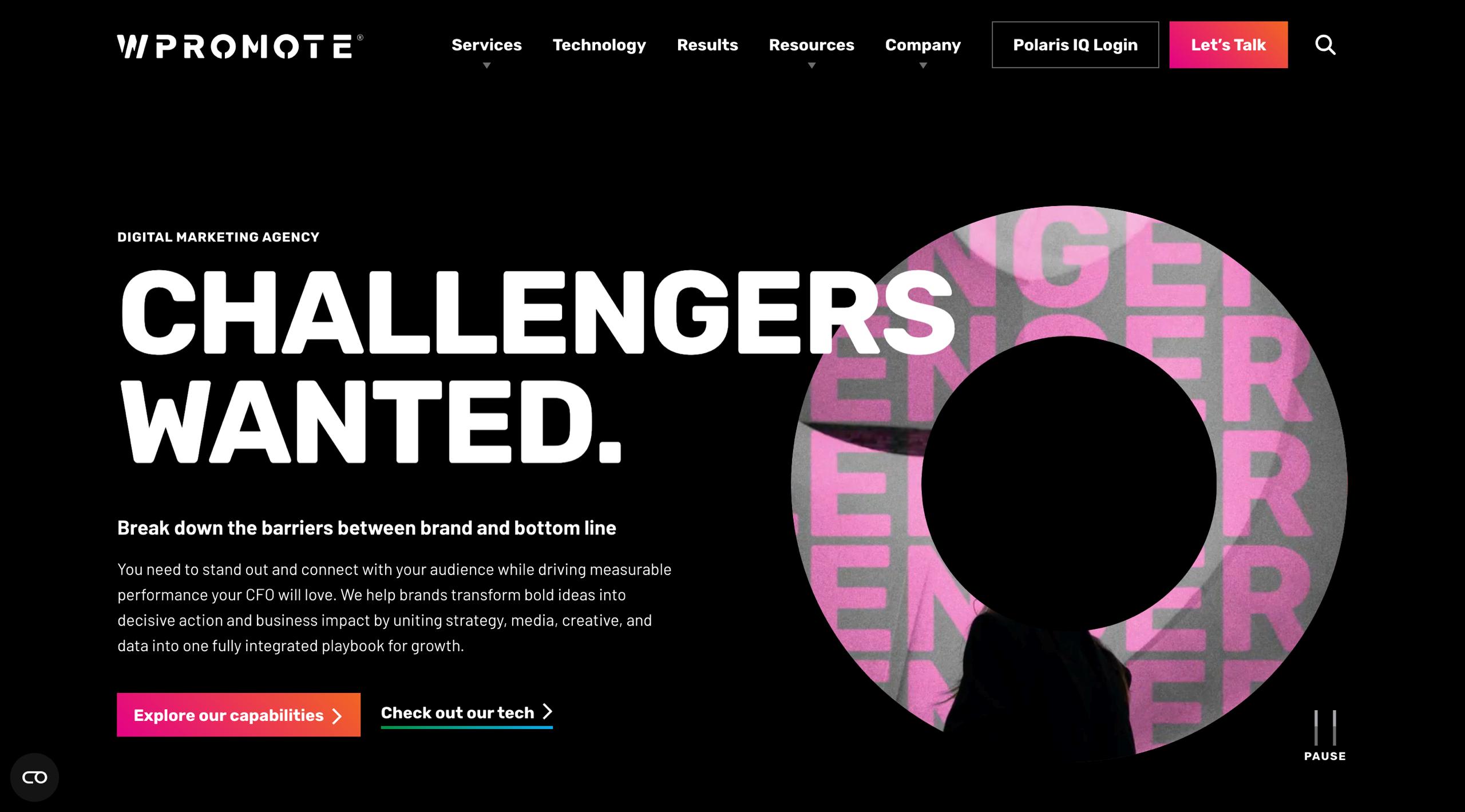 Wpromote homepage featuring the Polaris AI platform for AI-driven campaign optimization across paid media and SEO channels