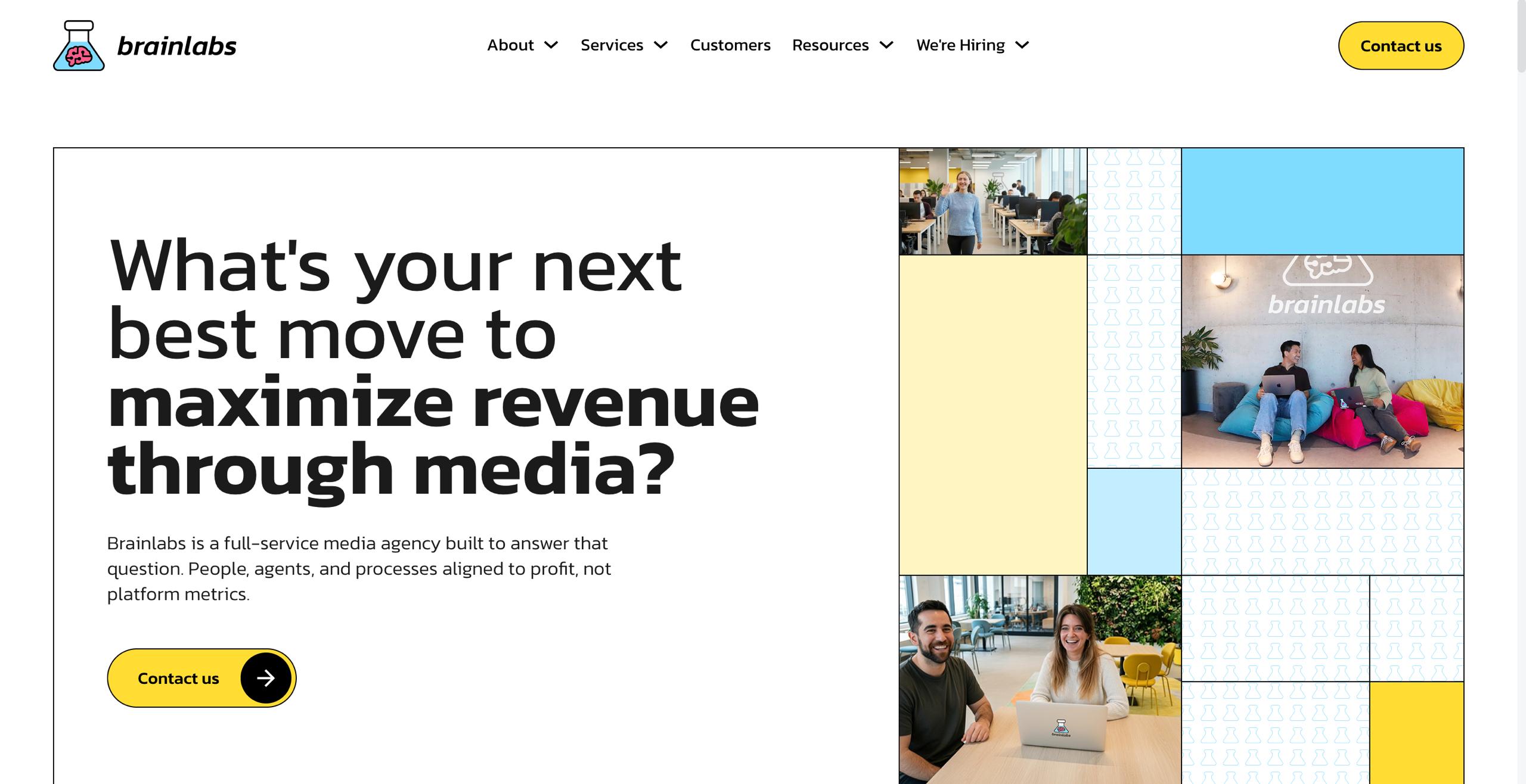 Brainlabs homepage highlighting the Cortex platform for data-driven marketing and automated media planning with experimentation focus