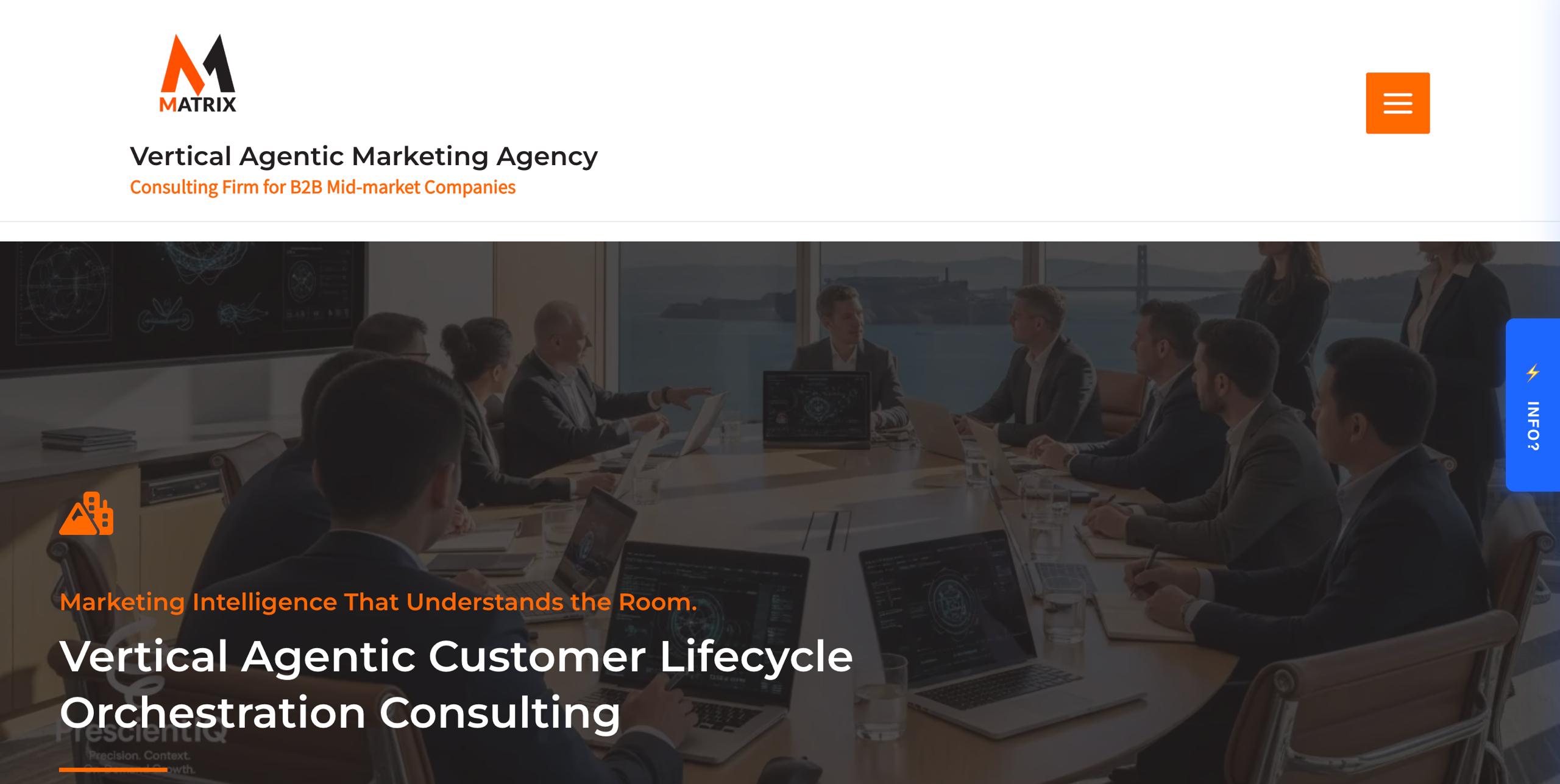 Matrix Marketing Group homepage displaying machine learning marketing solutions and AI agent workflows for mid-market businesses