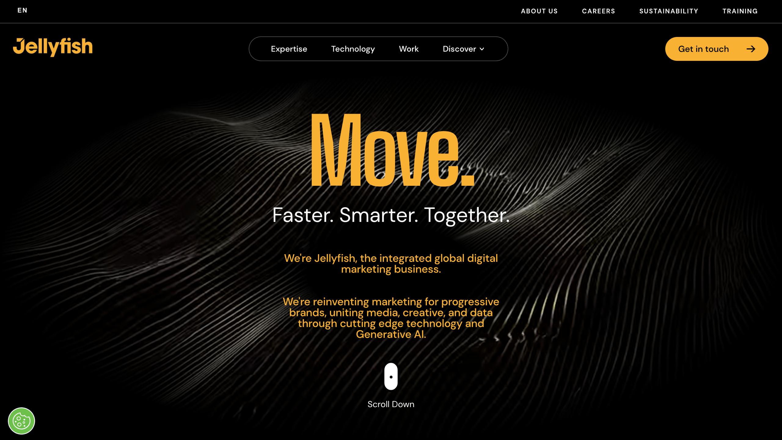 Jellyfish homepage introducing enterprise AI consulting and marketing automation services for global brand transformation