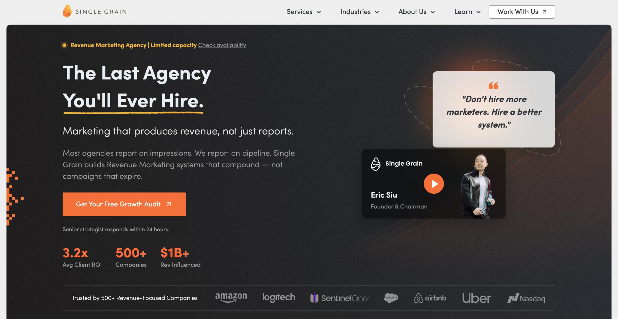 Single Grain homepage promoting AI content marketing and programmatic AI advertising services for startup growth strategies
