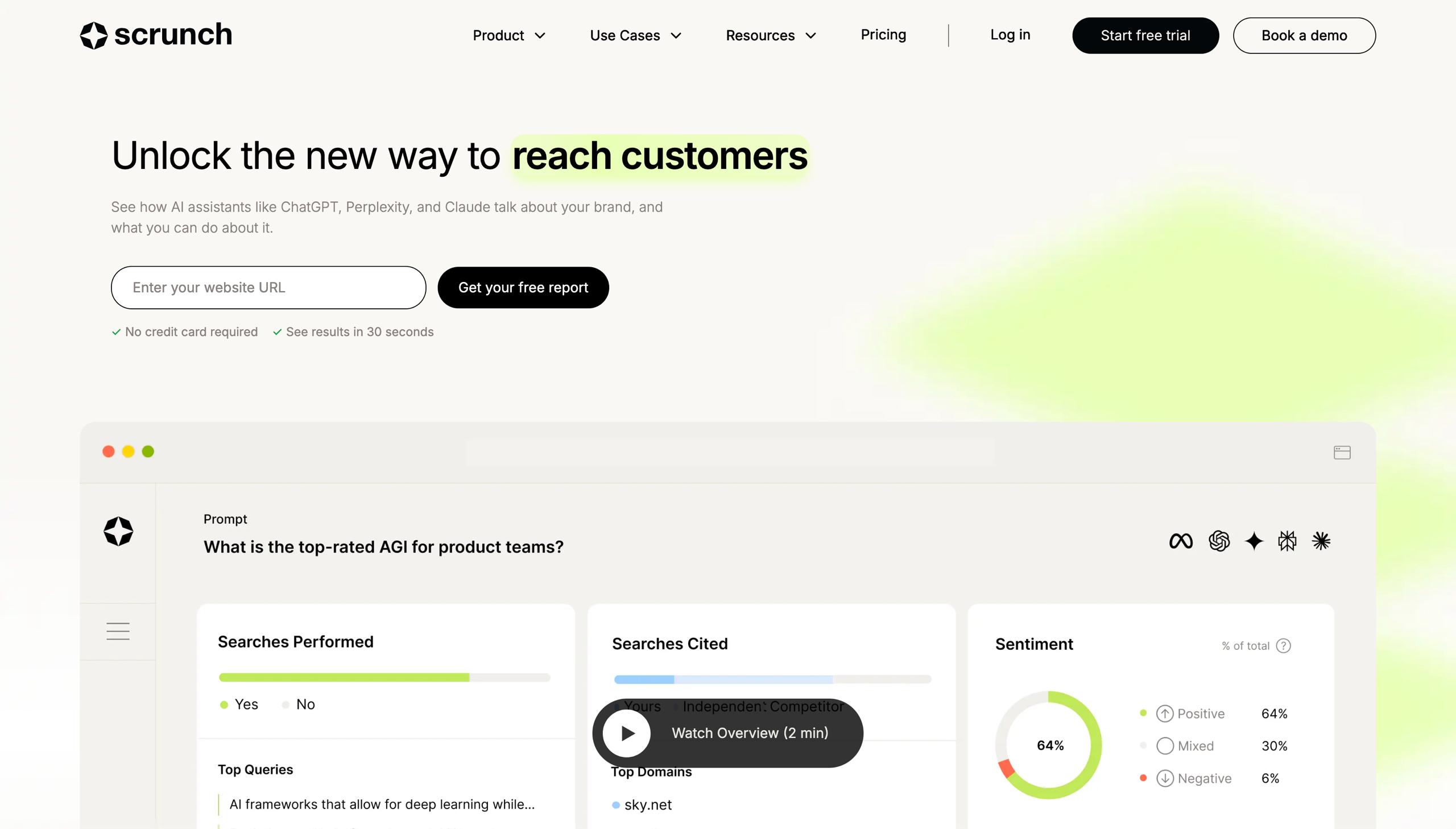 واجهة منصة Scrunch AI AXP التي تعرض تحليلات زاحف الذكاء الاصطناعي وإشارات العلامات التجارية في إجابات الذكاء الاصطناعي