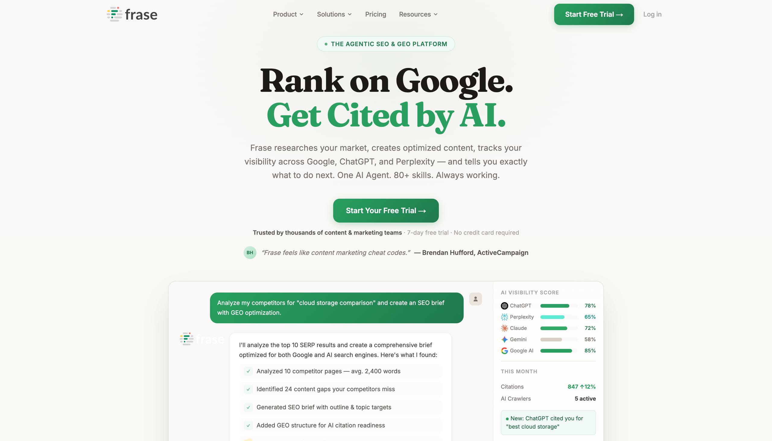 محرر محتوى Frase الذي يعرض إنشاء موجز مدعوم بالذكاء الاصطناعي وتحليل SERP لاستراتيجية البحث بالذكاء الاصطناعي
