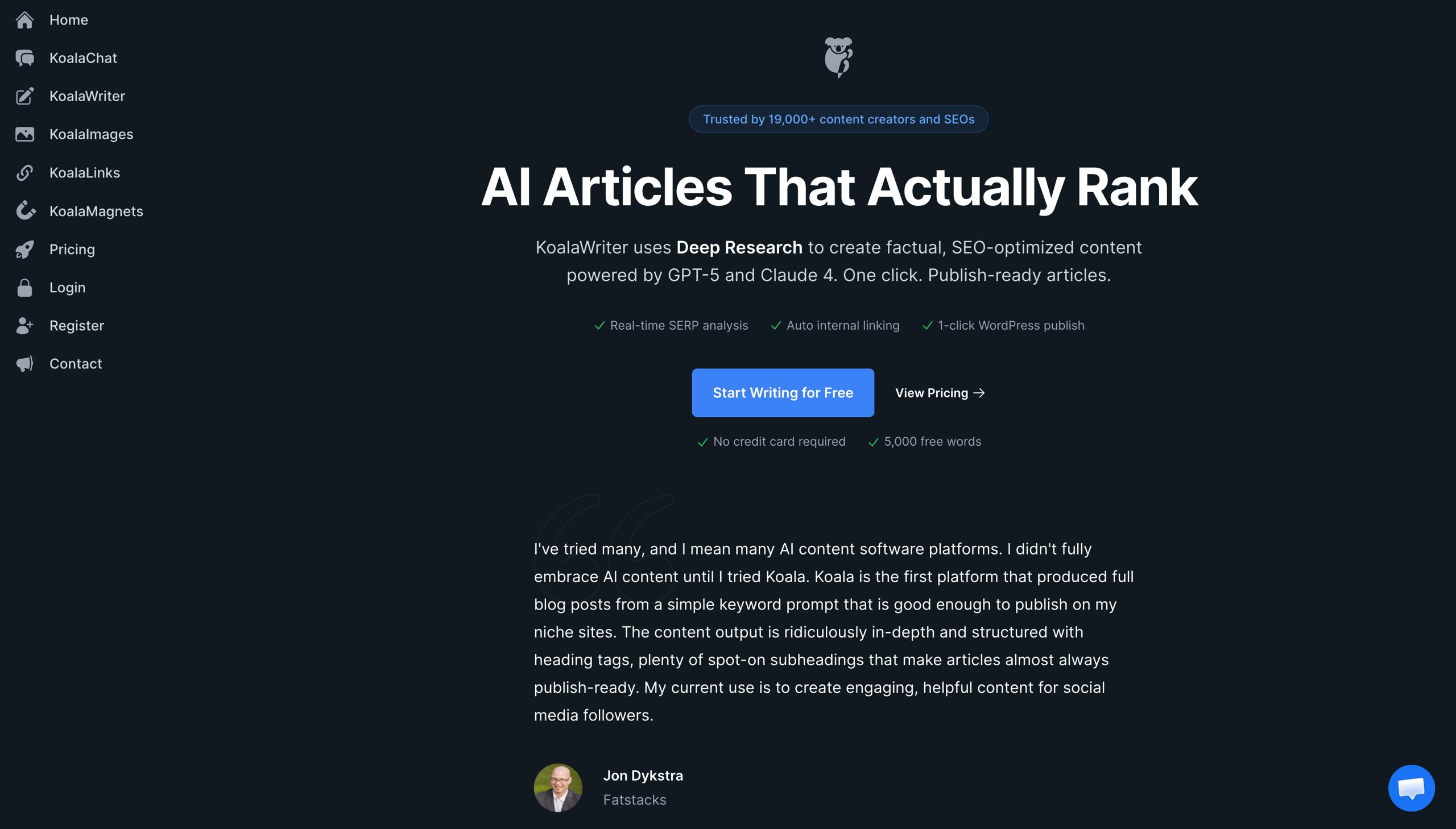 واجهة إنشاء المقالات بالذكاء الاصطناعي من Koala مع تحليل SERP في الوقت الفعلي والربط الداخلي التلقائي لتحسين AI SEO