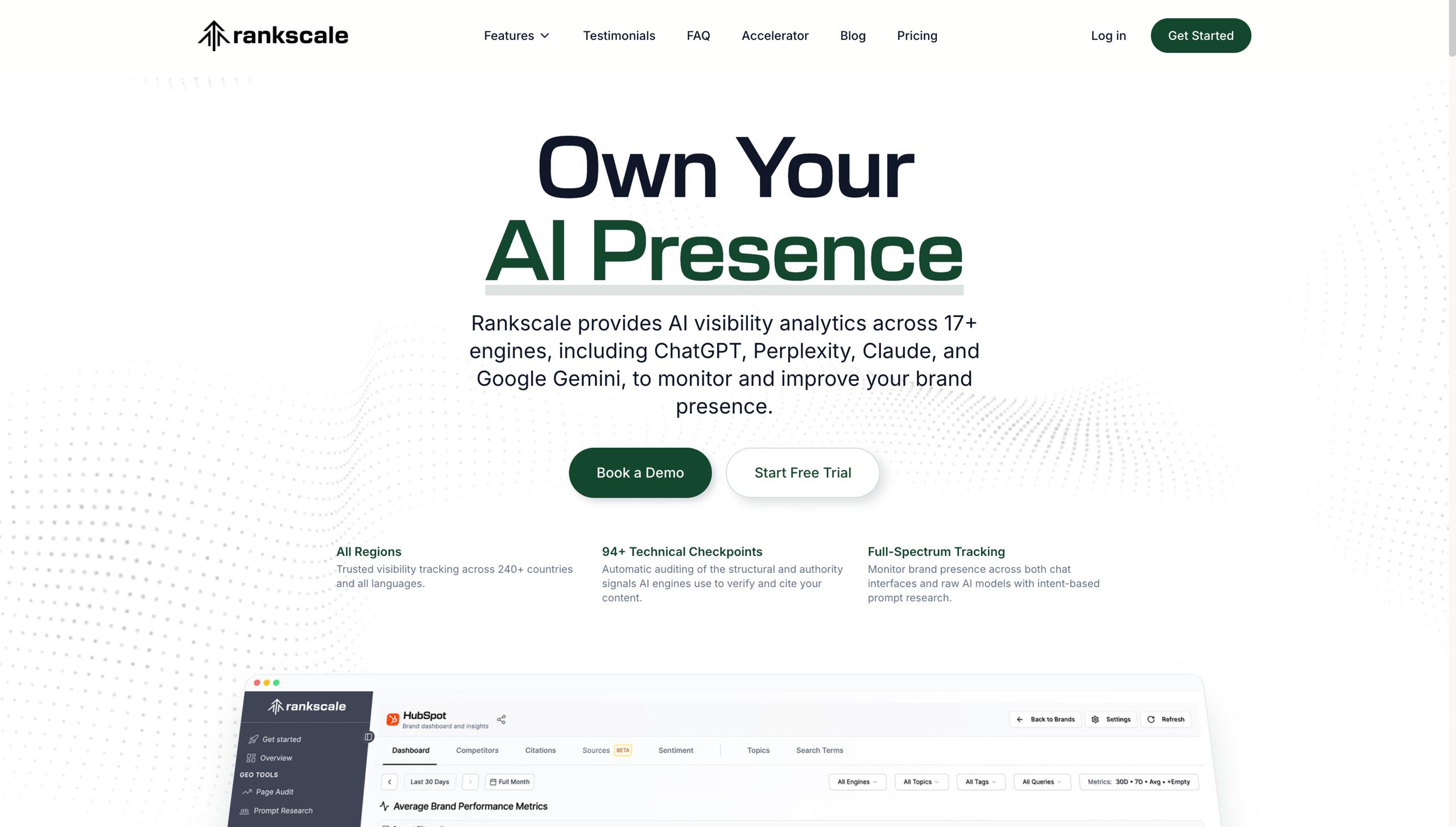 الصفحة الرئيسية لمتتبع Rankscale.ai GEO تعرض مراقبة ظهور الذكاء الاصطناعي القائمة على الرصيد عبر أكثر من 7 محركات مع تتبع الترتيب الخاص بالمنطقة
