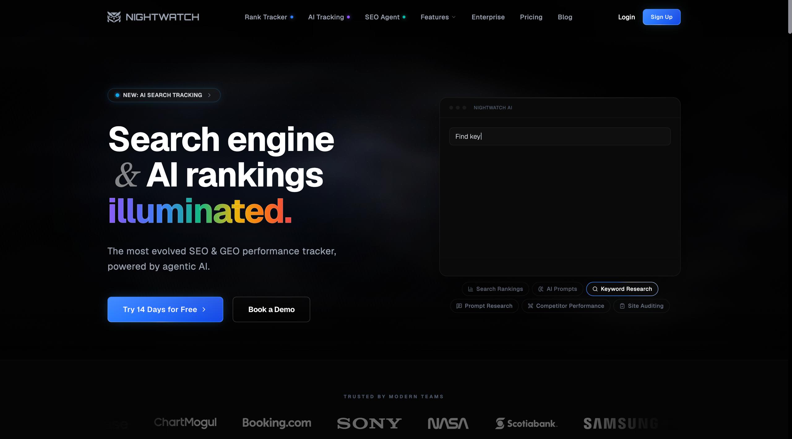 الصفحة الرئيسية لمراقبة الذكاء الاصطناعي ثنائية الطبقة من Nightwatch تعرض ترتيب SEO التقليدي المدمج وتتبع الاستجابات المولدة بالذكاء الاصطناعي عبر ChatGPT وClaude وPerplexity