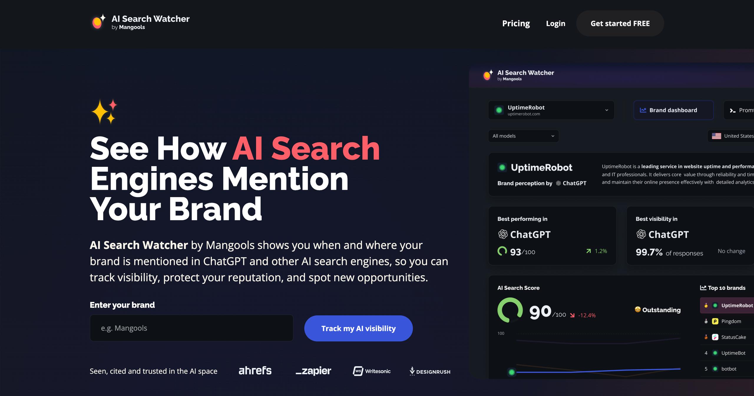 الصفحة الرئيسية لـ Mangools AI Search Watcher تعرض مراقبة البحث بالذكاء الاصطناعي في المستوى المجاني عبر خمسة نماذج LLM مع تتبع مطالبات متعدد التشغيل وتكامل مجموعة SEO