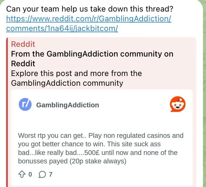 Client request to remove a damaging Reddit thread from r/GamblingAddiction containing misinformation about casino withdrawal policies and licensing.