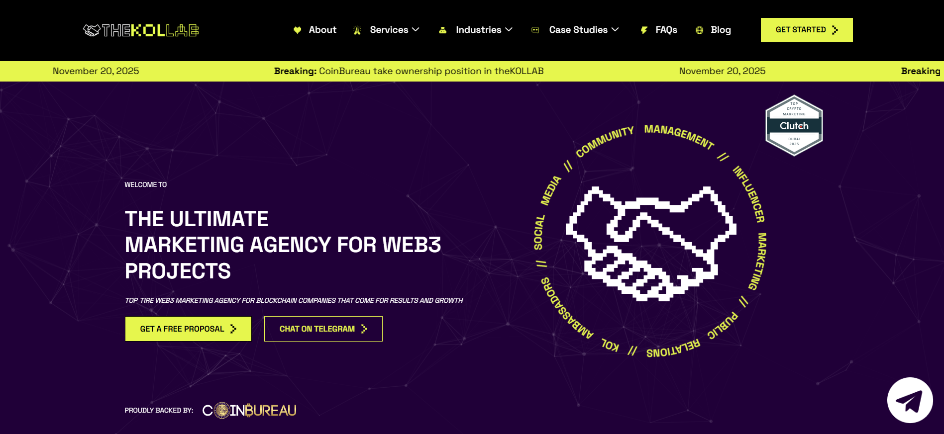 theKOLLAB web3 marketing agency homepage showcasing influencer-led token launch fundraising and KOL round services for blockchain projects.
