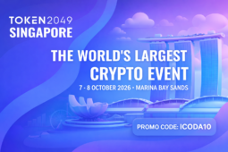 لافتة ترويجية ثلاثية الأبعاد باللونين الأزرق والأرجواني لـ TOKEN2049 سنغافورة تظهر مارينا باي ساندز بعنوان 