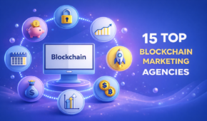 15 top blockchain marketing agencies 2026 — crypto growth icons including fundraising, security, and ROI surrounding a blockchain monitor.