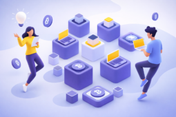 3D illustration of two marketers analyzing blockchain nodes and Bitcoin symbols representing web3 marketing strategy for crypto startups.