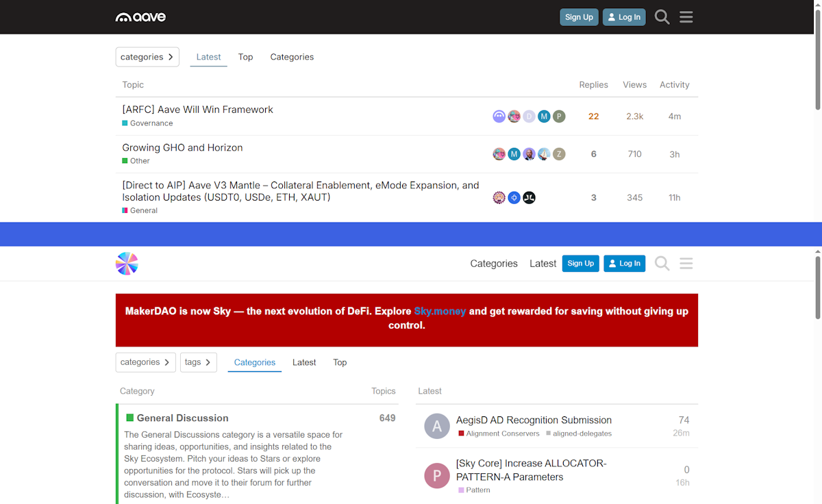 Aave governance forum showing active proposals including ARFC Aave Will Win Framework with 2,300 views and Aave V3 Mantle collateral updates, alongside MakerDAO forum displaying banner announcing rebrand to Sky with General Discussion category showing 649 topics.