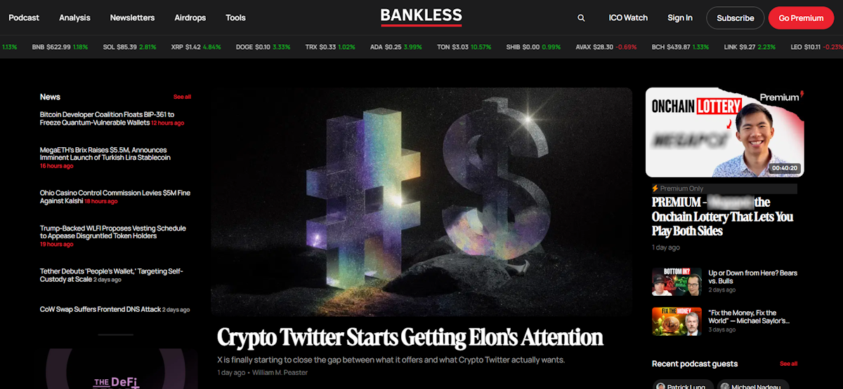 Bankless media homepage showing crypto news headlines, live price ticker for BNB SOL XRP DOGE and other tokens, featured article about Crypto Twitter and Elon Musk, premium podcast content, and navigation for Podcast Analysis Newsletters Airdrops and Tools sections.