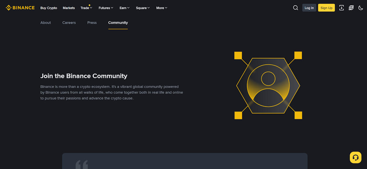 Binance Community page with dark theme and gold accents showing Join the Binance Community heading, describing it as a vibrant global community powered by Binance users who come together both in real life and online to pursue their passions and advance the crypto cause.