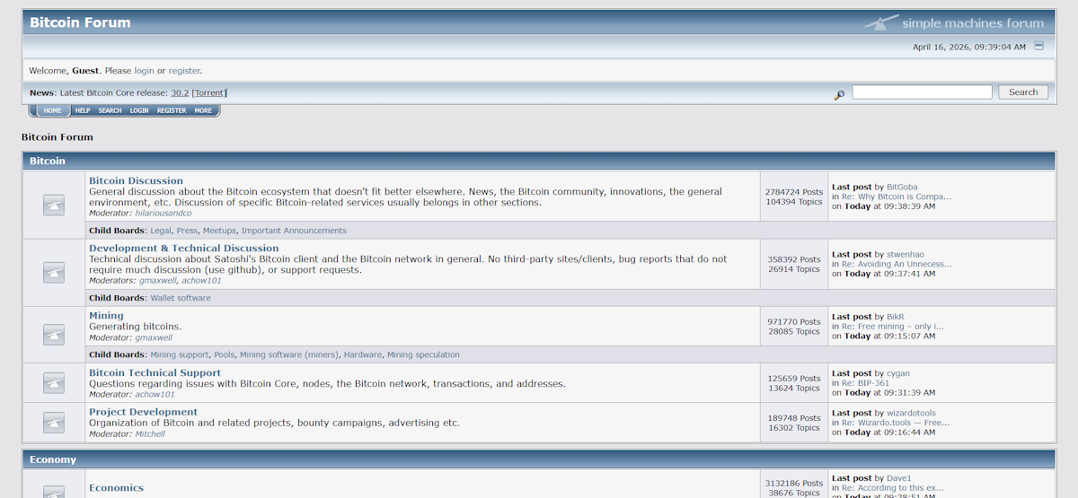 BitcoinTalk.org forum homepage showing active discussion boards including Bitcoin Discussion with 2.78 million posts, Development and Technical Discussion, Mining, Bitcoin Technical Support, and Project Development sections, dated April 16 2026.