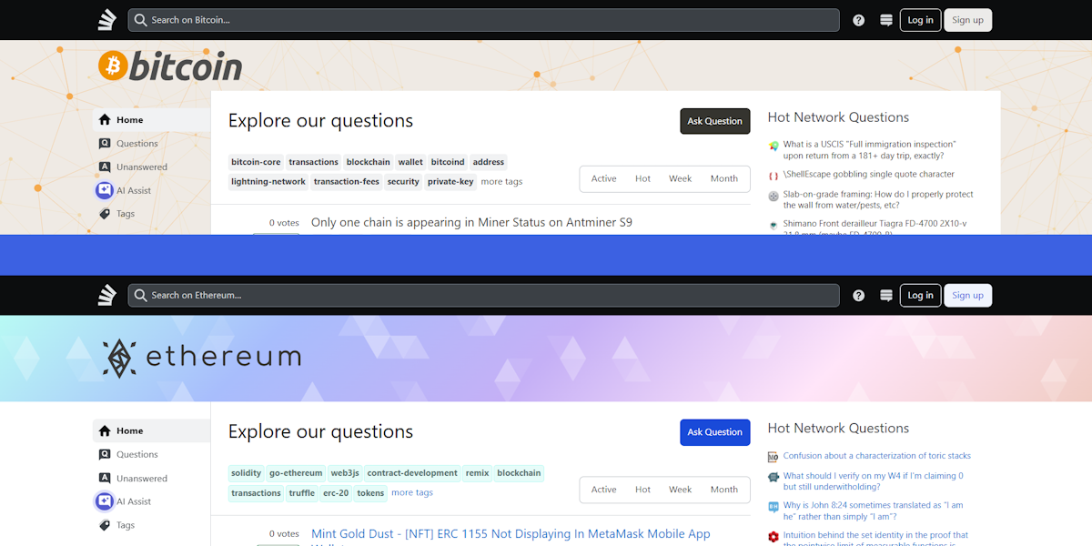 Bitcoin Stack Exchange and Ethereum Stack Exchange question and answer platforms showing tagged topics like bitcoin-core, transactions, blockchain, solidity, web3js, and contract-development with Ask Question buttons and active community questions.