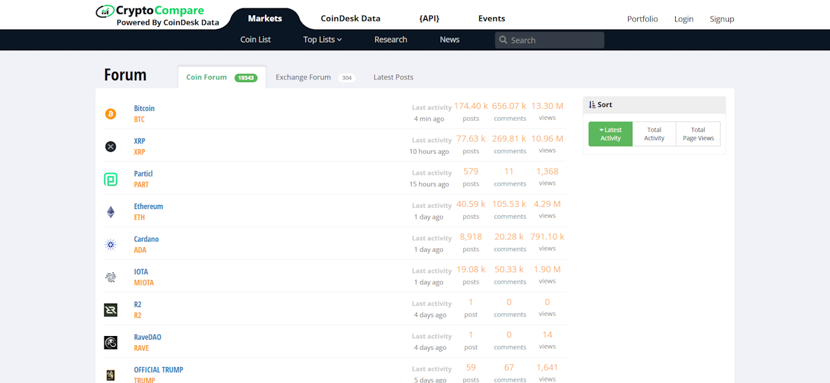 CryptoCompare forum page displaying Coin Forum with 19,345 topics, showing Bitcoin with 174,400 posts and 13.30 million views, XRP with 77,630 posts, Ethereum with 40,590 posts, Cardano, IOTA, and other cryptocurrency discussion boards sorted by latest activity.