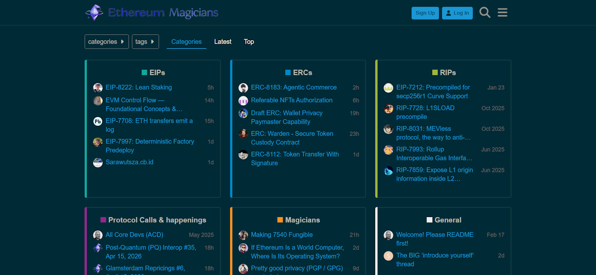 Ethereum Magicians forum homepage with dark theme showing active EIP discussions including EIP-8222 Lean Staking, ERC-8183 Agentic Commerce, and RIP proposals, alongside Protocol Calls and Magicians categories with recent posts from hours ago.