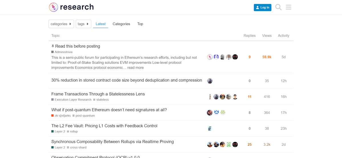 Ethresear.ch Ethereum research forum showing latest topics on contract code size reduction, statelessness, post-quantum cryptography, L2 Fee Vault pricing, and synchronous composability between rollups with reply counts and view statistics.