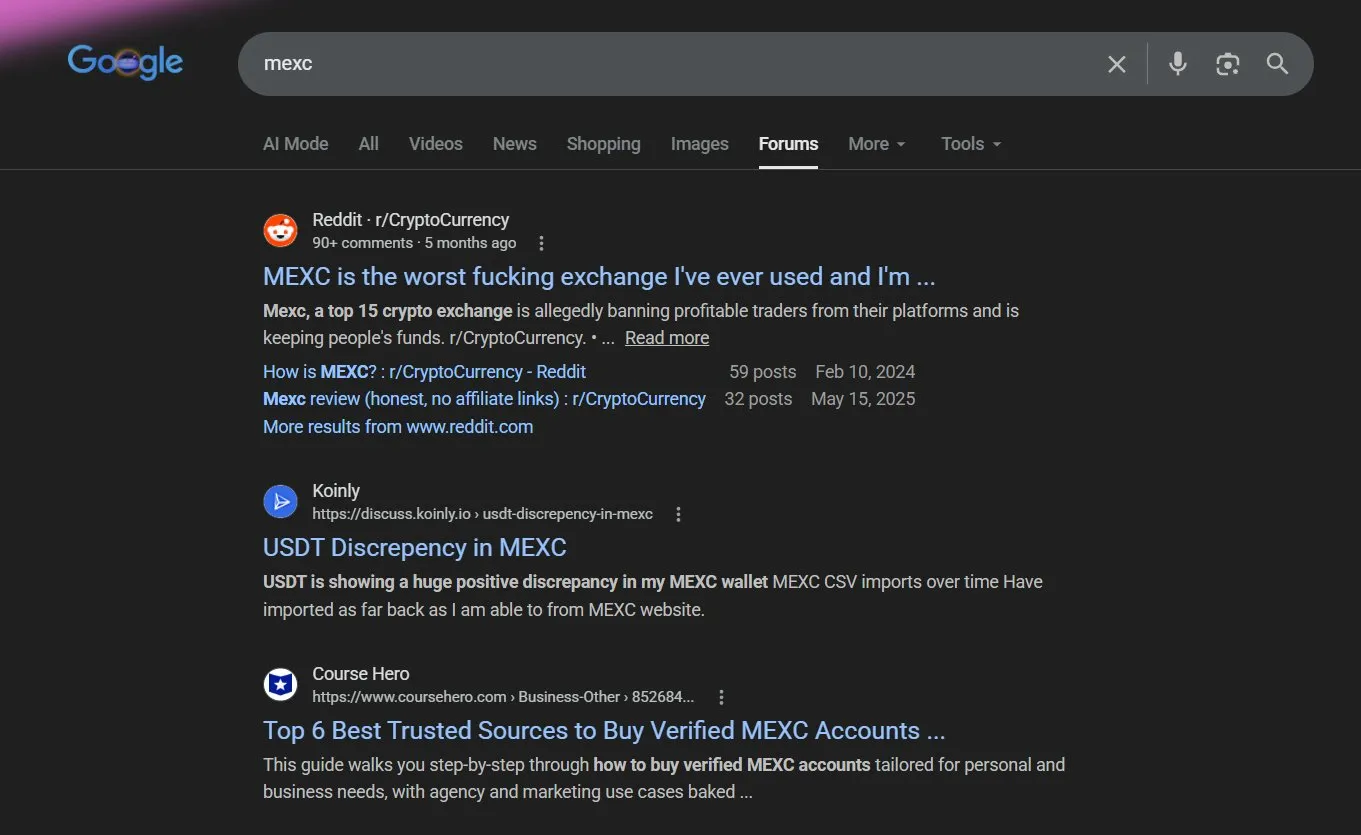 Google Forums search results for "mexc" showing the negative Reddit thread ranking first.
