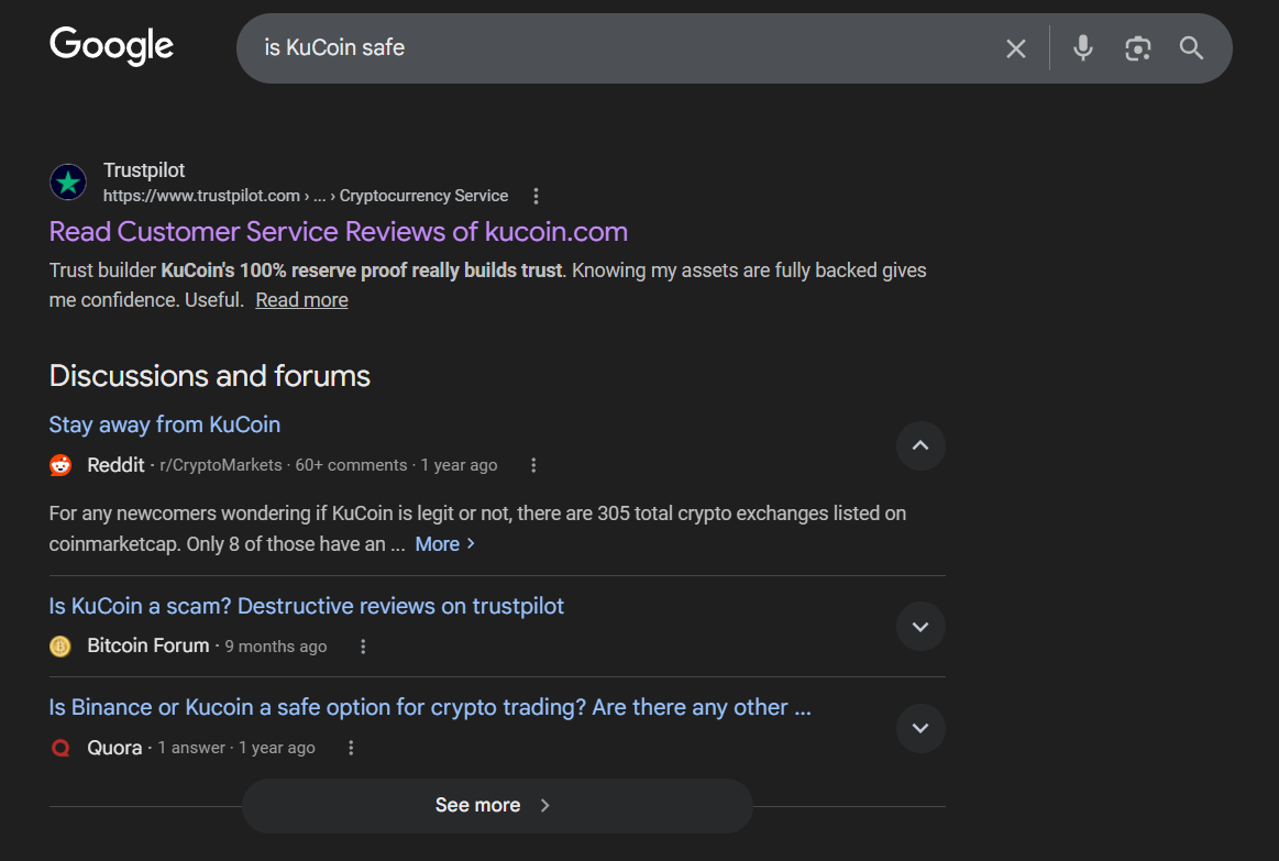 Google search results for "is KuCoin safe" showing Reddit thread "Stay away from KuCoin" as top forum result, alongside Bitcoin Forum post "Is KuCoin a scam" and a Quora comparison with Binance.