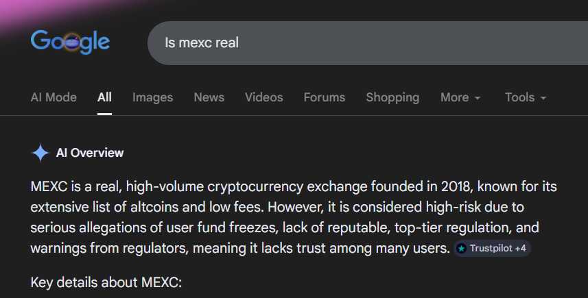 Google AI Overview answers for "is mexc real" with negative framing.