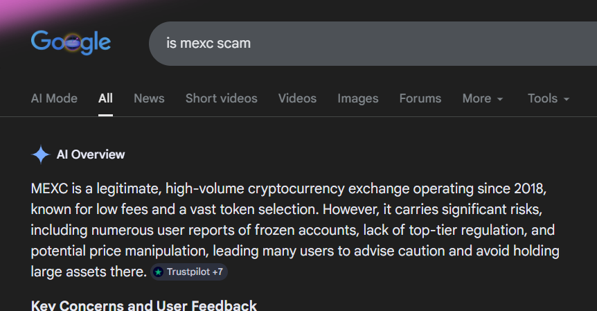 Google AI Overview answers for "is mexc scam" with negative framing.