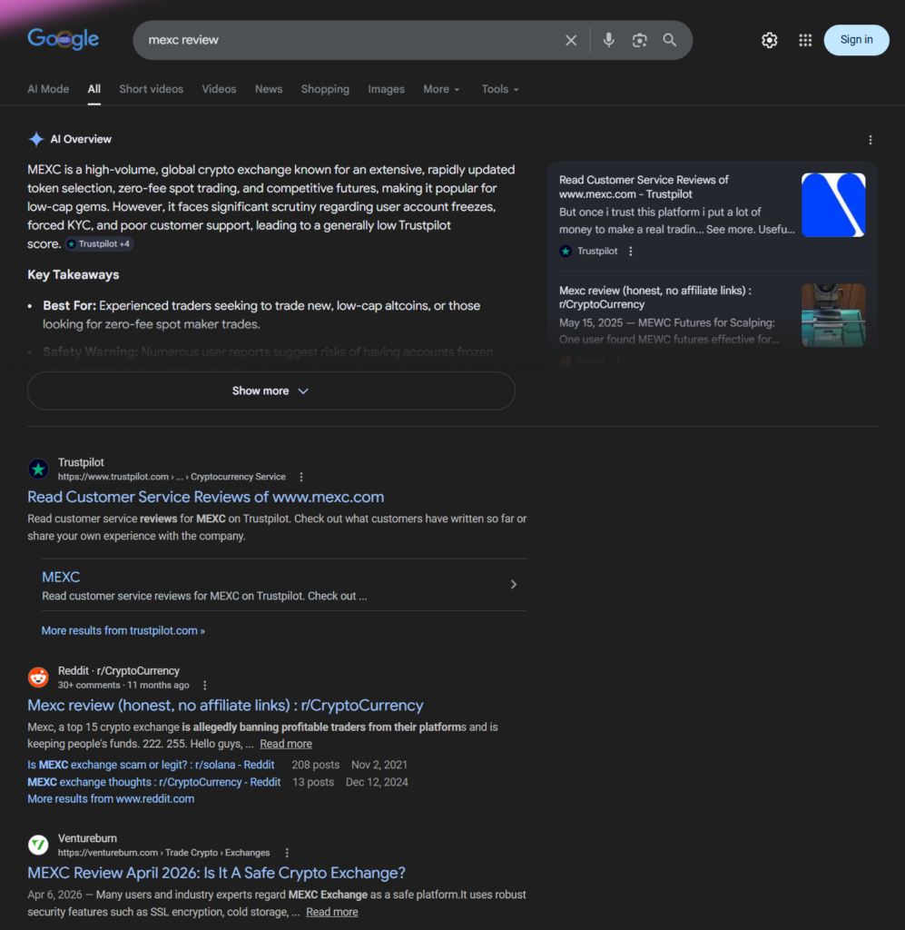 Google AI Overview for "mexc review" highlighting account freeze concerns and Trustpilot sourcing.