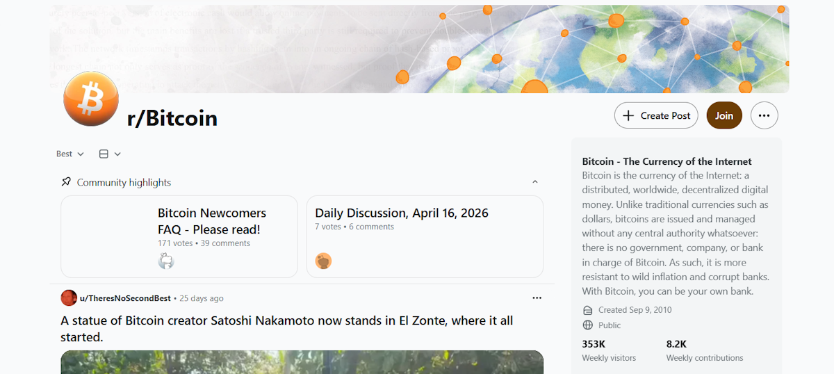 Reddit r/Bitcoin subreddit with 353K weekly visitors and 8,200 weekly contributions, showing Bitcoin Newcomers FAQ, Daily Discussion thread for April 16 2026, and community description describing Bitcoin as decentralized digital currency, created September 2010.