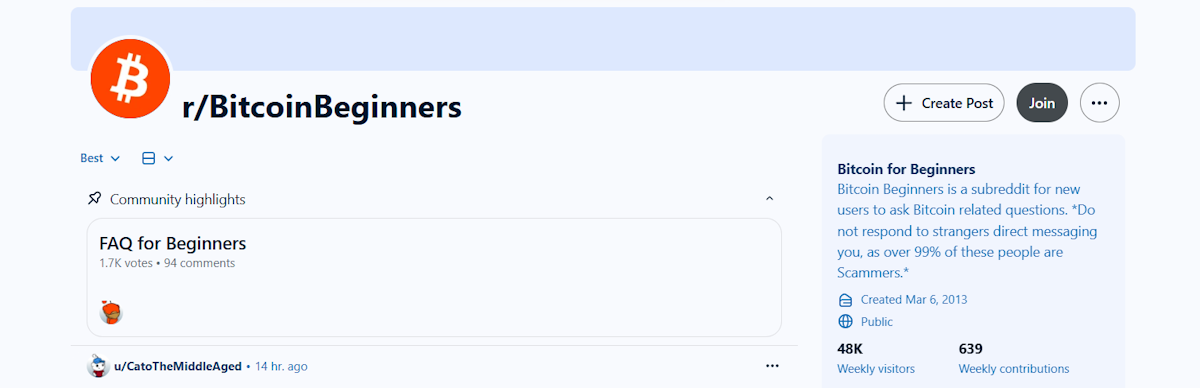 Reddit r/BitcoinBeginners subreddit with 48K weekly visitors and 639 weekly contributions, showing FAQ for Beginners pinned post with 1,700 votes, described as a subreddit for new users to ask Bitcoin related questions, created March 2013.